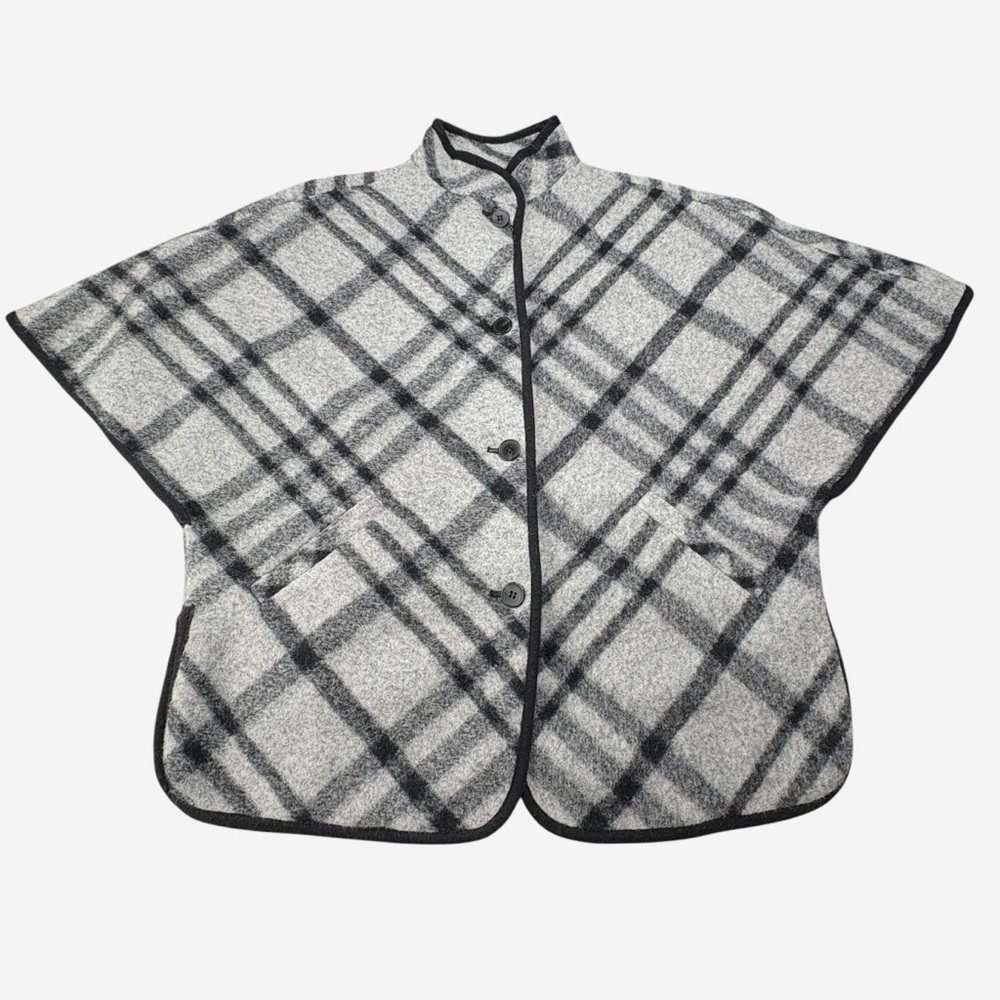 Talbots Wool Blend Gray Plaid Button Up Cape Poncho Coat XS Oversized - Picture 8 of 12
